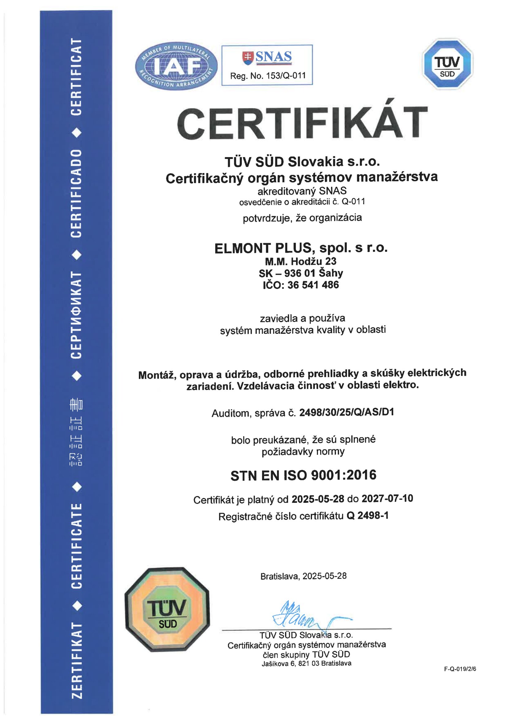 Certifikát – Oprávnenie na elektroinštalácie