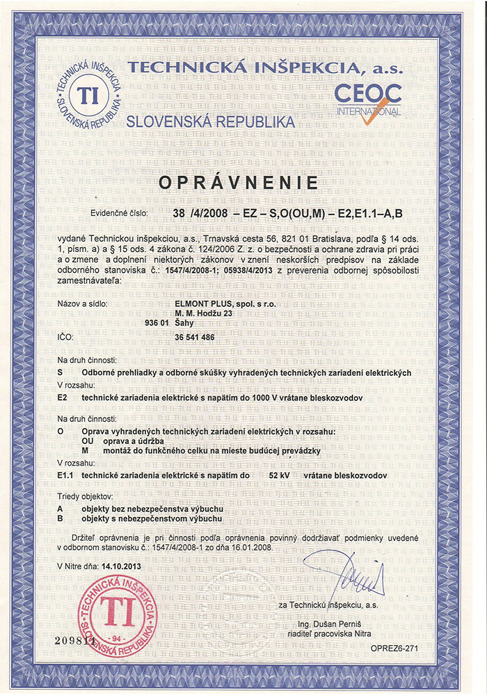 Certifikát – Výroba rozvádzačov