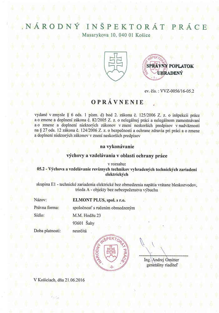 Certifikát – Zariadenia nad 1000V